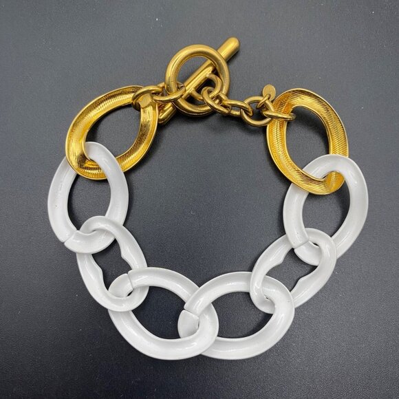 Monet Gold Tone White Enamel Link Bracelet Toggle Clasp 7.5" Chunky Curb Layer - Picture 5 of 6